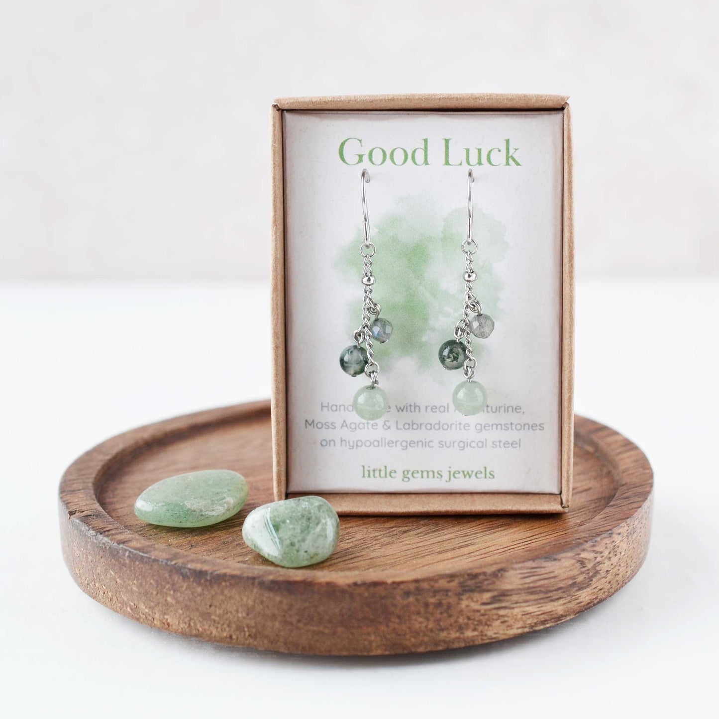 Gemstones for good luck drop earrings in eco friendly gift box