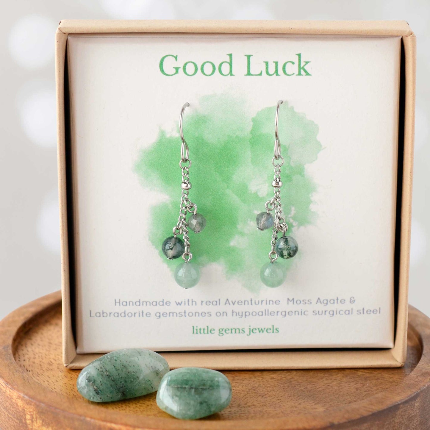 Gemstones for good luck drop earrings in eco friendly gift box