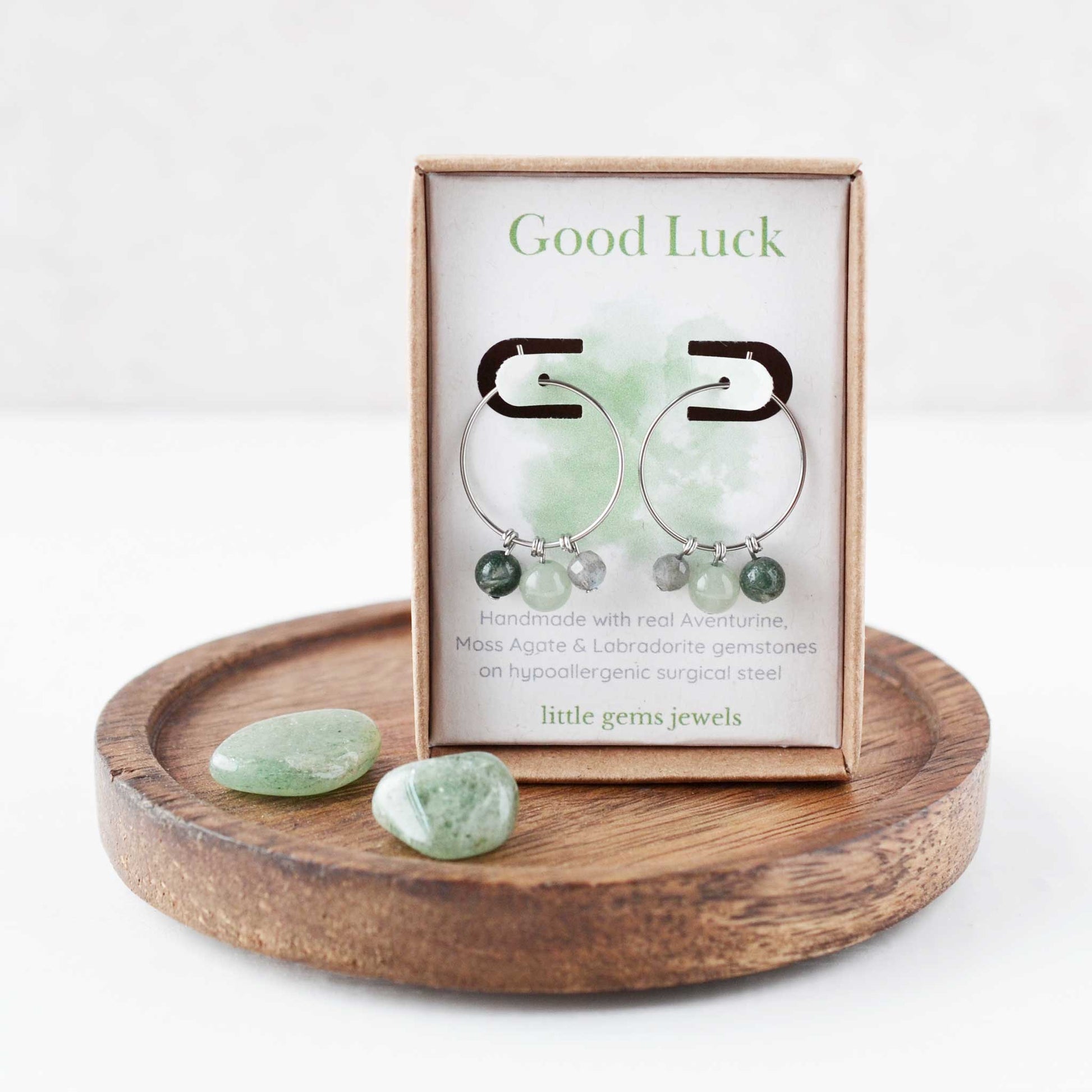 Gemstones for good luck hoop earrings in eco friendly gift box