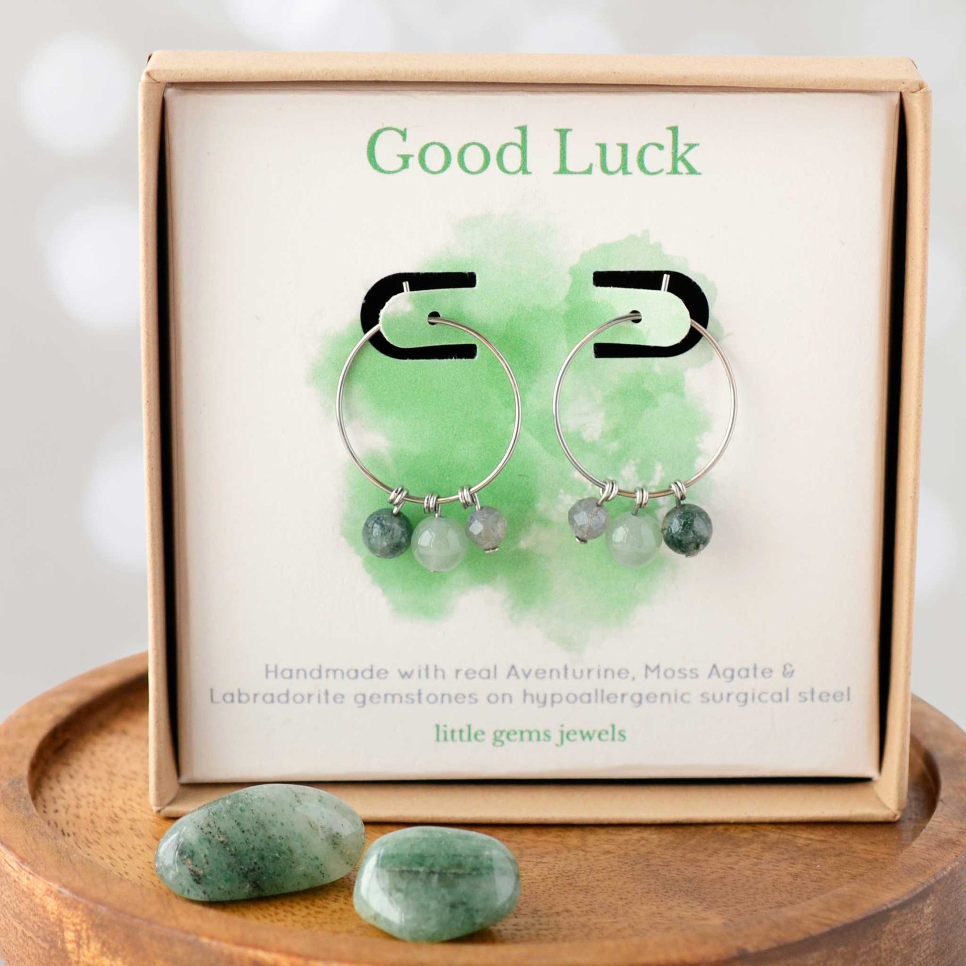 Gemstones for good luck hoop earrings in eco friendly gift box