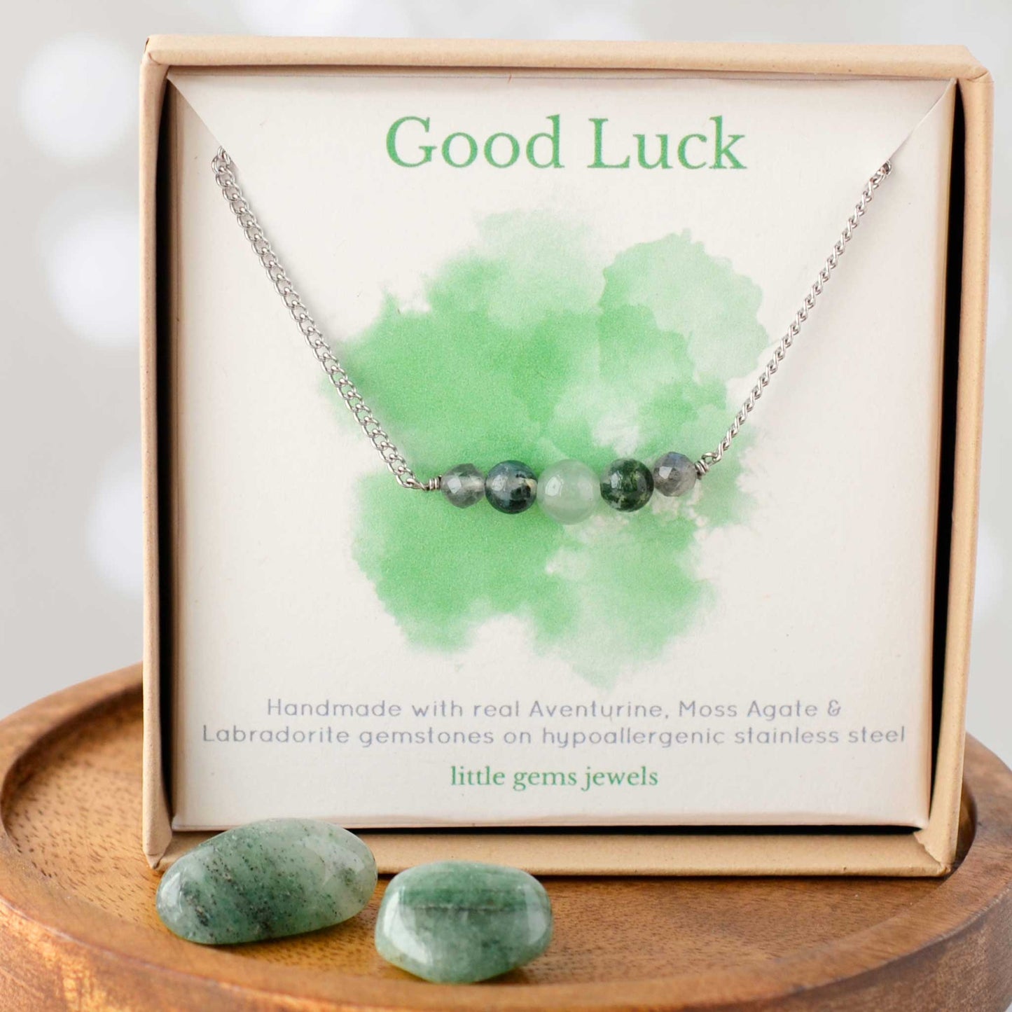 Gemstones for good luck necklace in eco friendly gift box