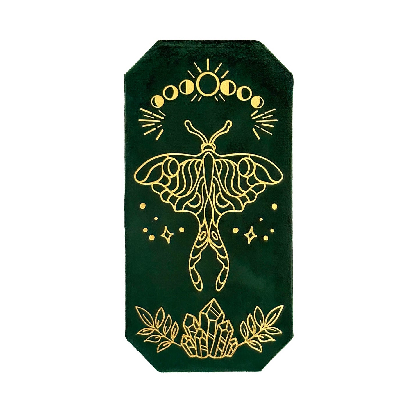 Decorative green box with gold moth design on a white background