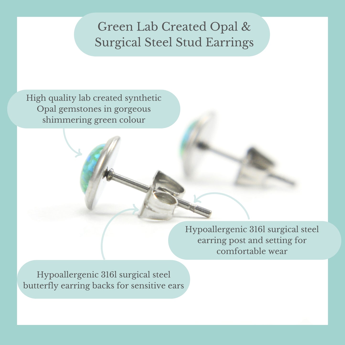 Green Lab Created Opal & Surgical Steel Stud Earrings Product Information Graphic