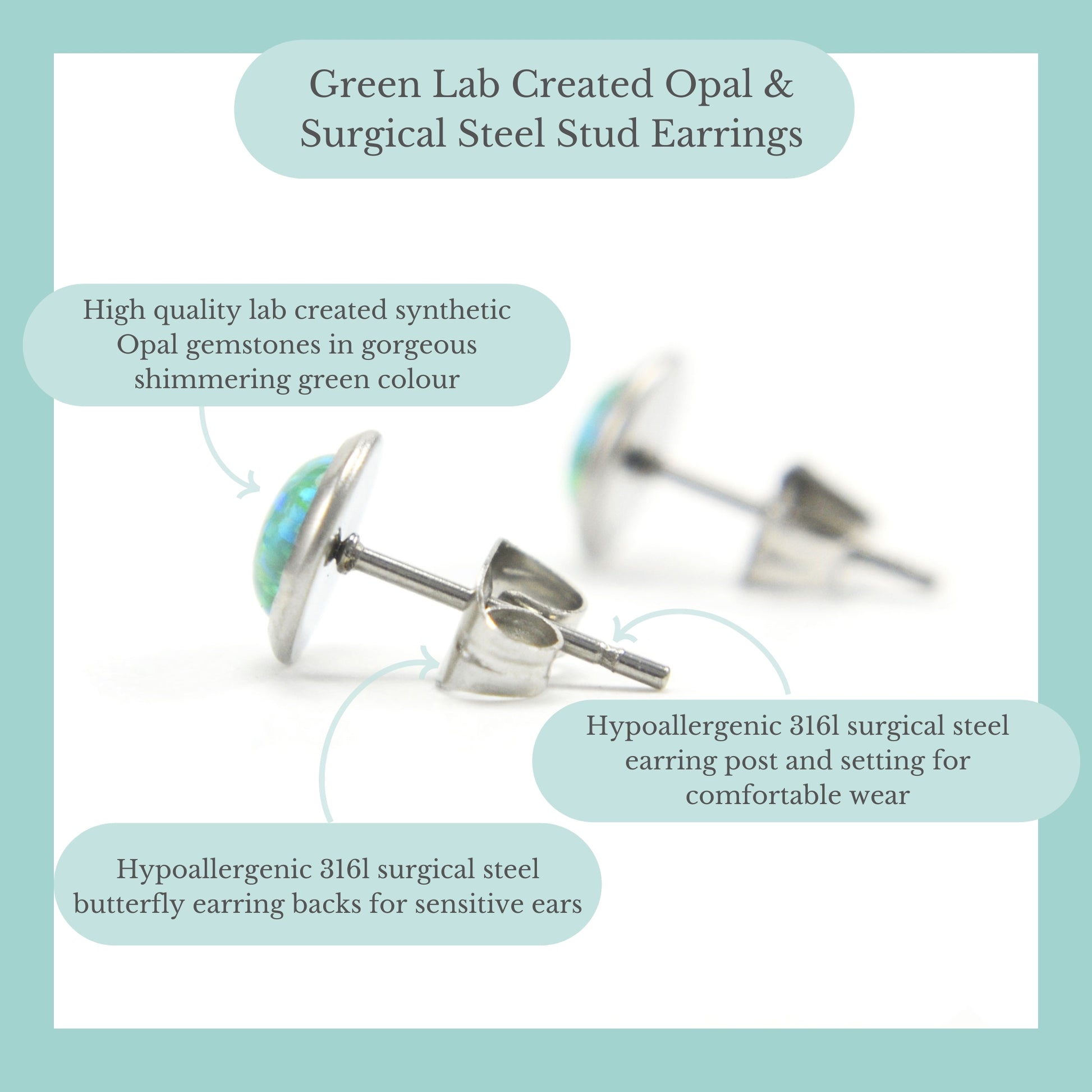 Green Lab Created Opal & Surgical Steel Stud Earrings Product Information Graphic