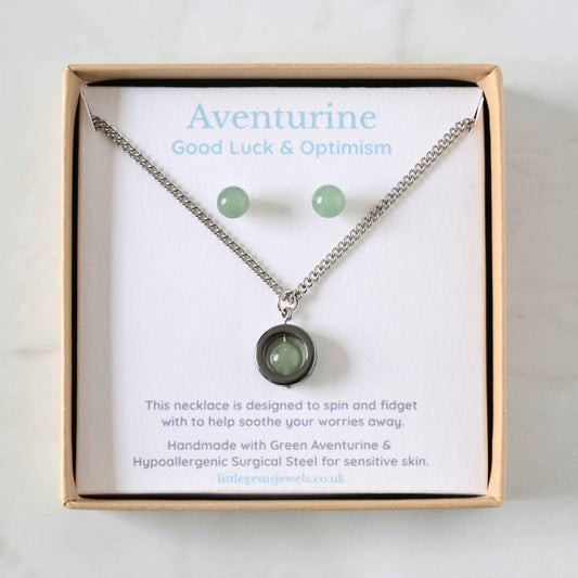 Green Aventurine Fidget Spinner Necklace & Stud Earrings Gift Set