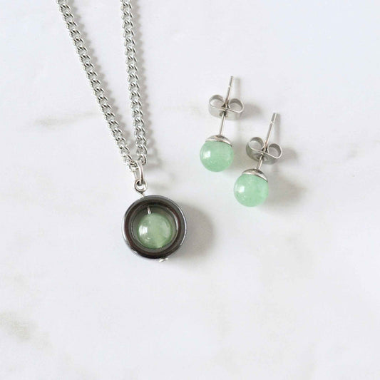 Green Aventurine Fidget Spinner Necklace & Stud Earrings Gift Set