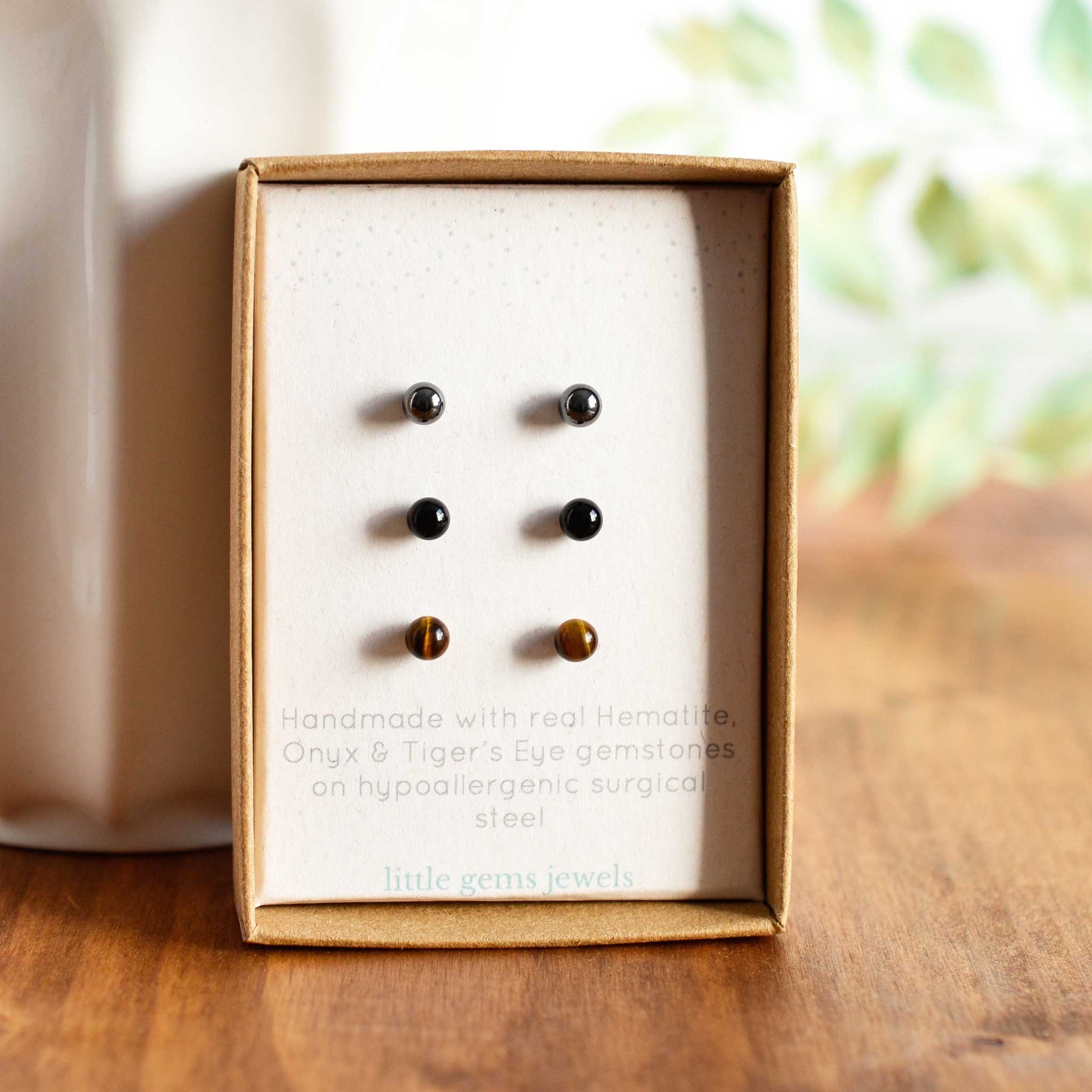 Hematite, Onyx & Tigers Eye gemstone stud earring set in eco friendly gift box