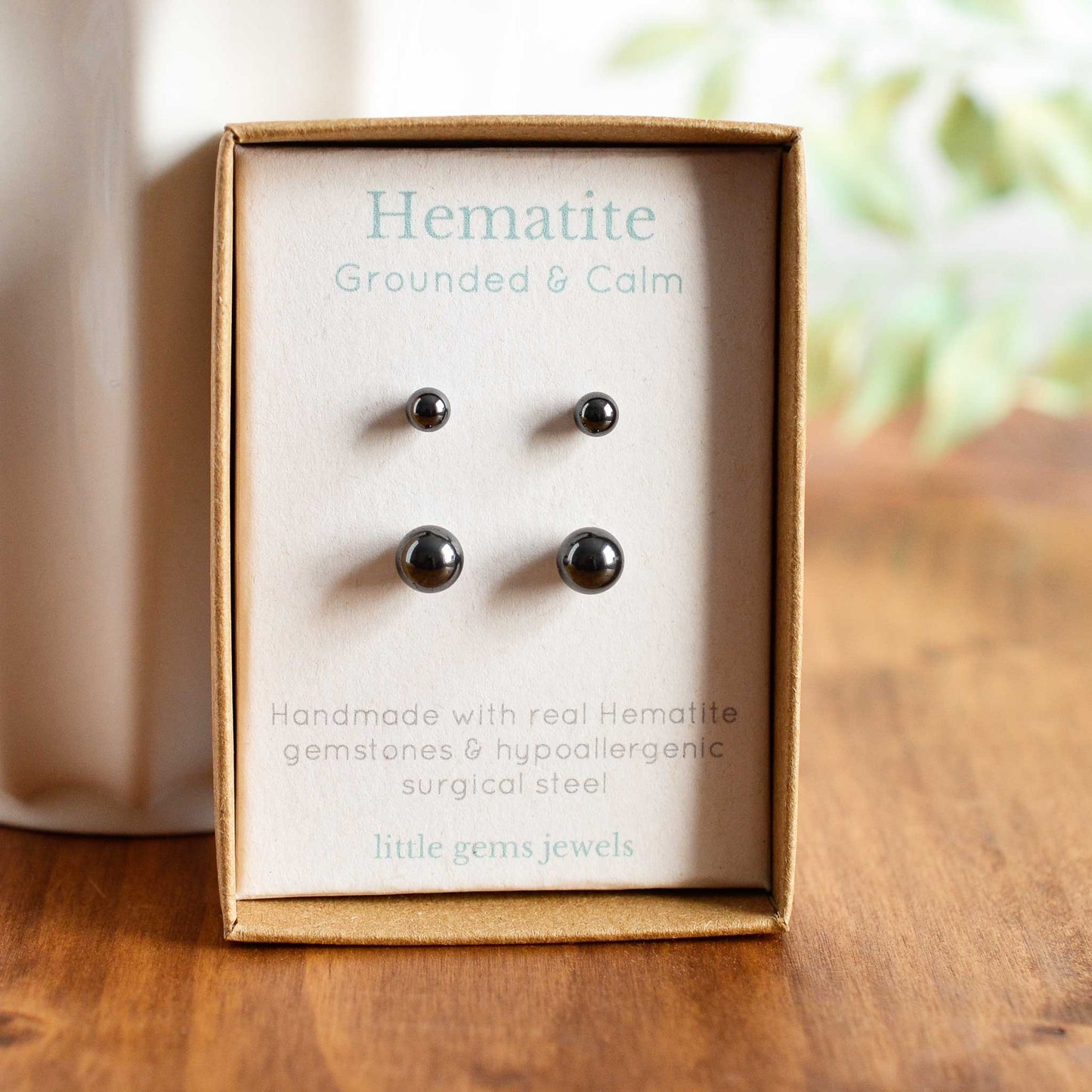 4mm & 6mm Hematite gemstone stud earrings in eco friendly gift box