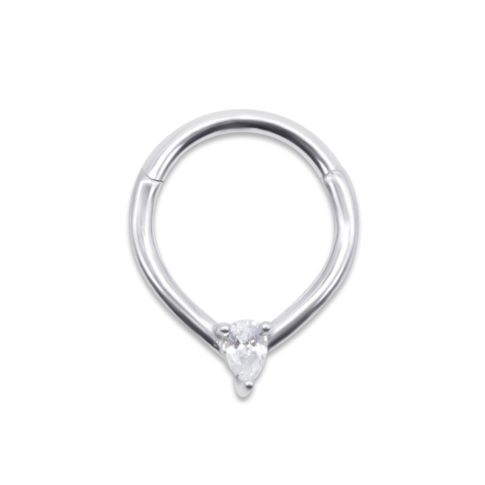 Stainless steel septum ring with a small CZ on a white background