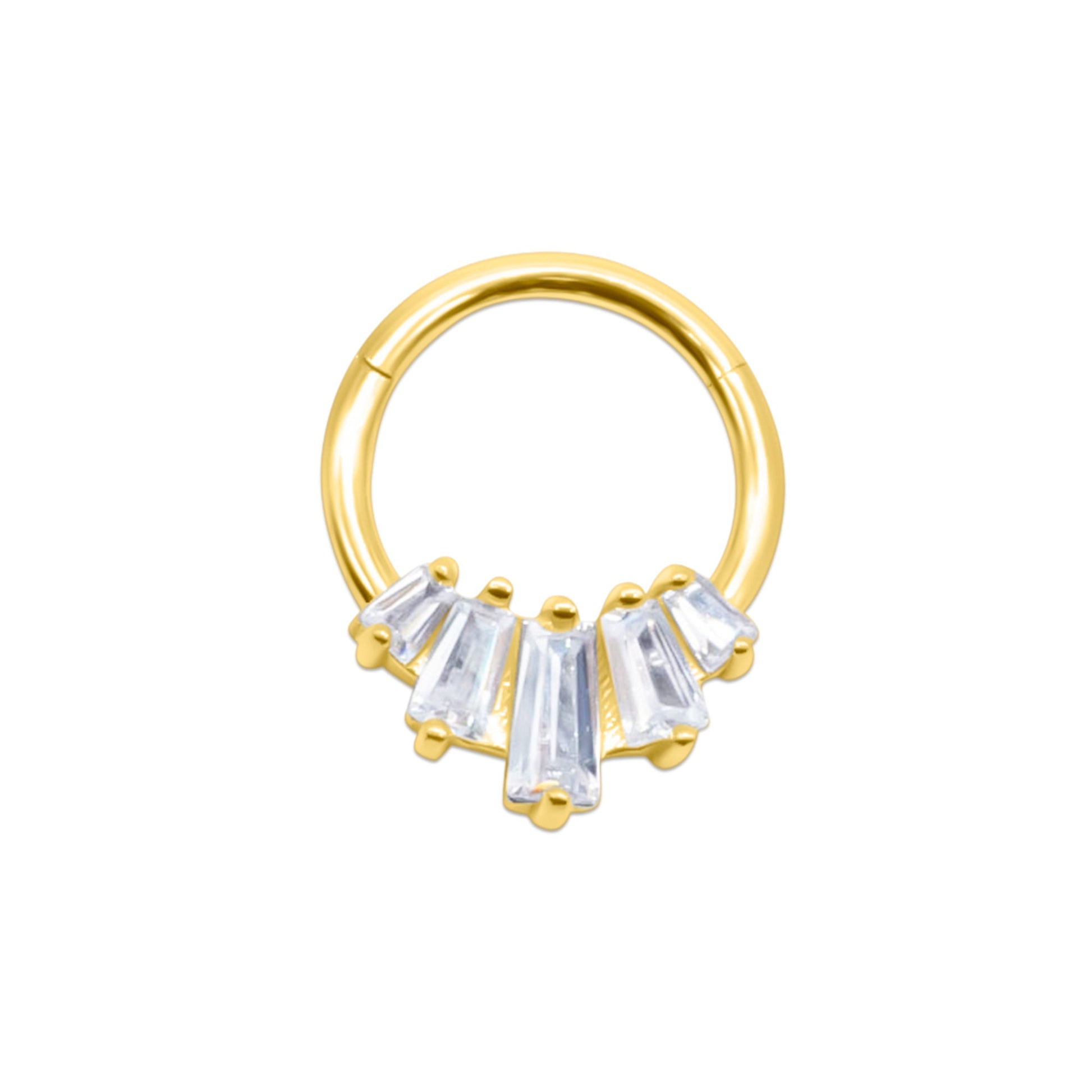 Gold nose ring with clear gemstones on a white background