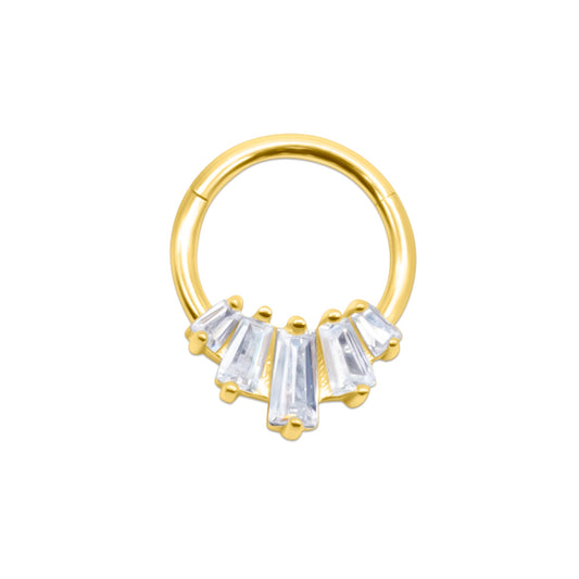 Gold nose ring with clear gemstones on a white background