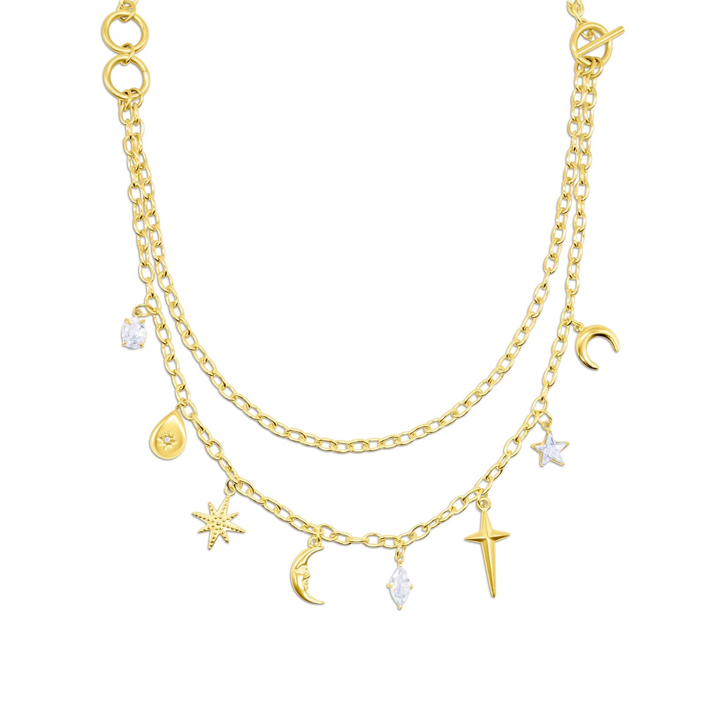 Gold layered necklace with various charms on a white background
