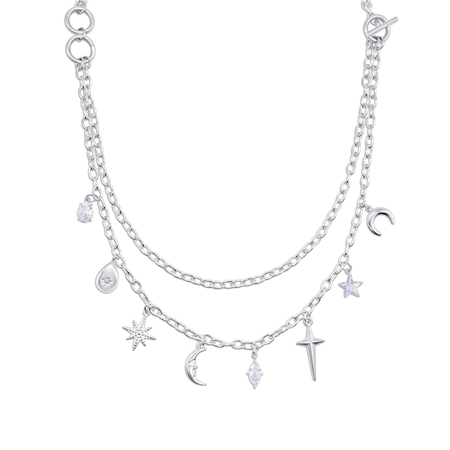 Layered stainless steel necklace with various charms on a white background