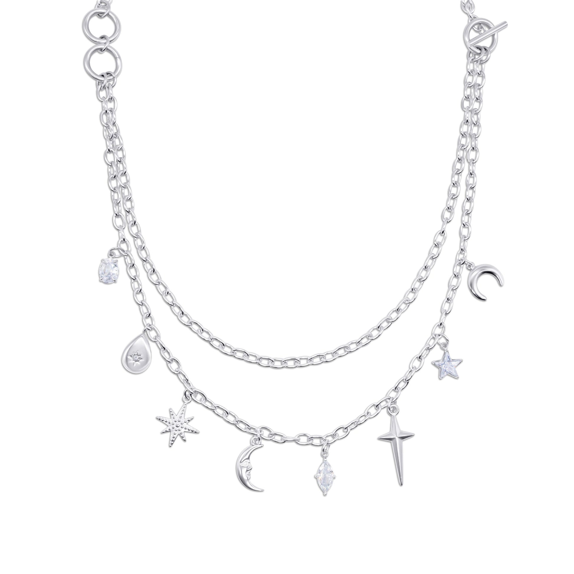 Layered stainless steel necklace with various charms on a white background