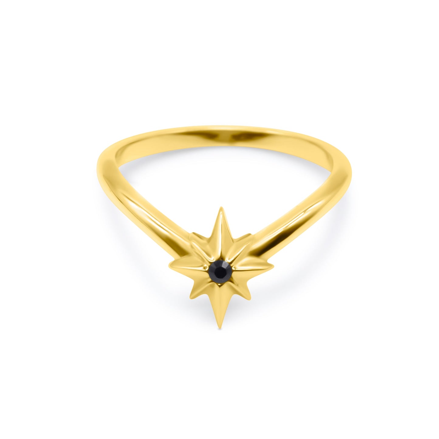 Gold ring with star-shaped design and black gemstone on a white background