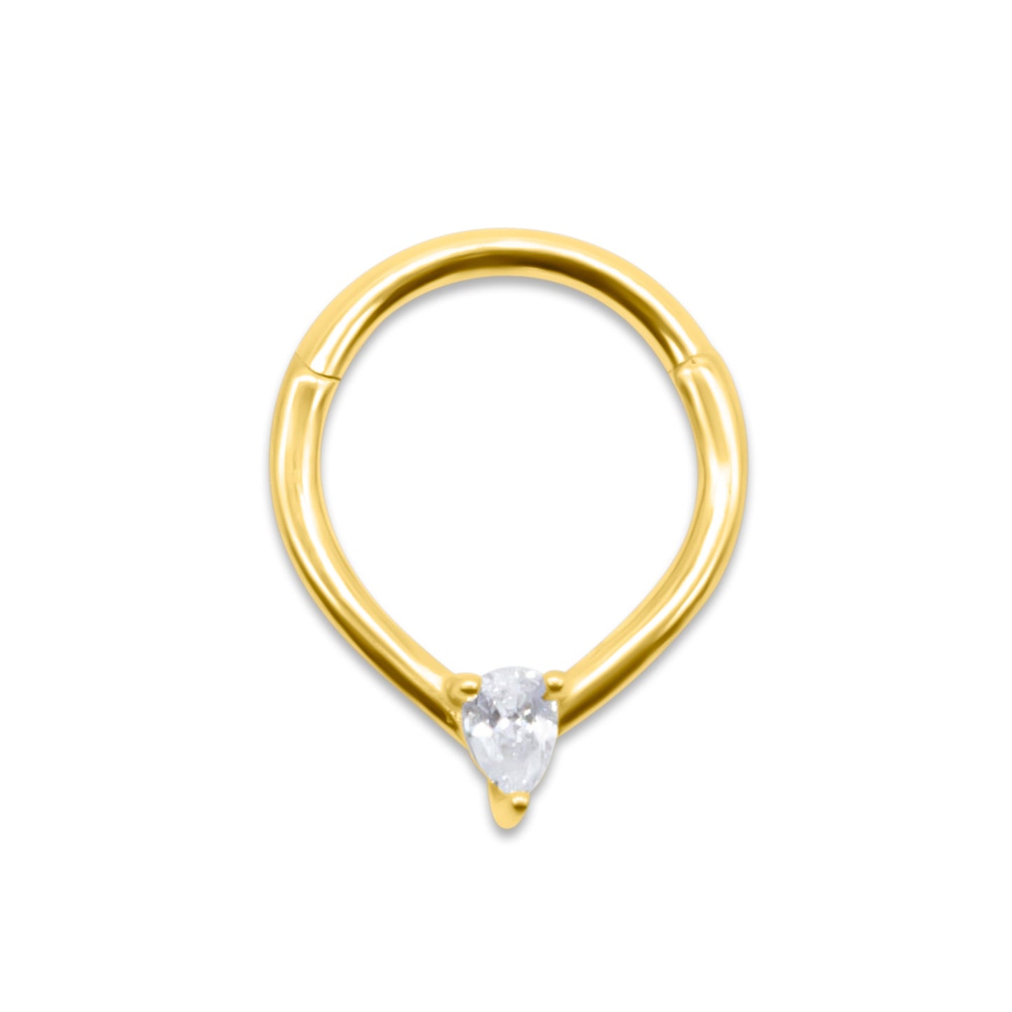 Gold septum ring with a clear gemstone on a white background