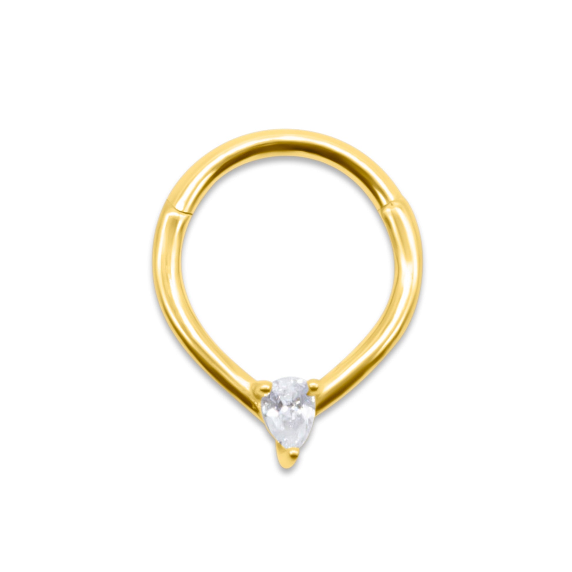 Gold septum ring with a clear gemstone on a white background