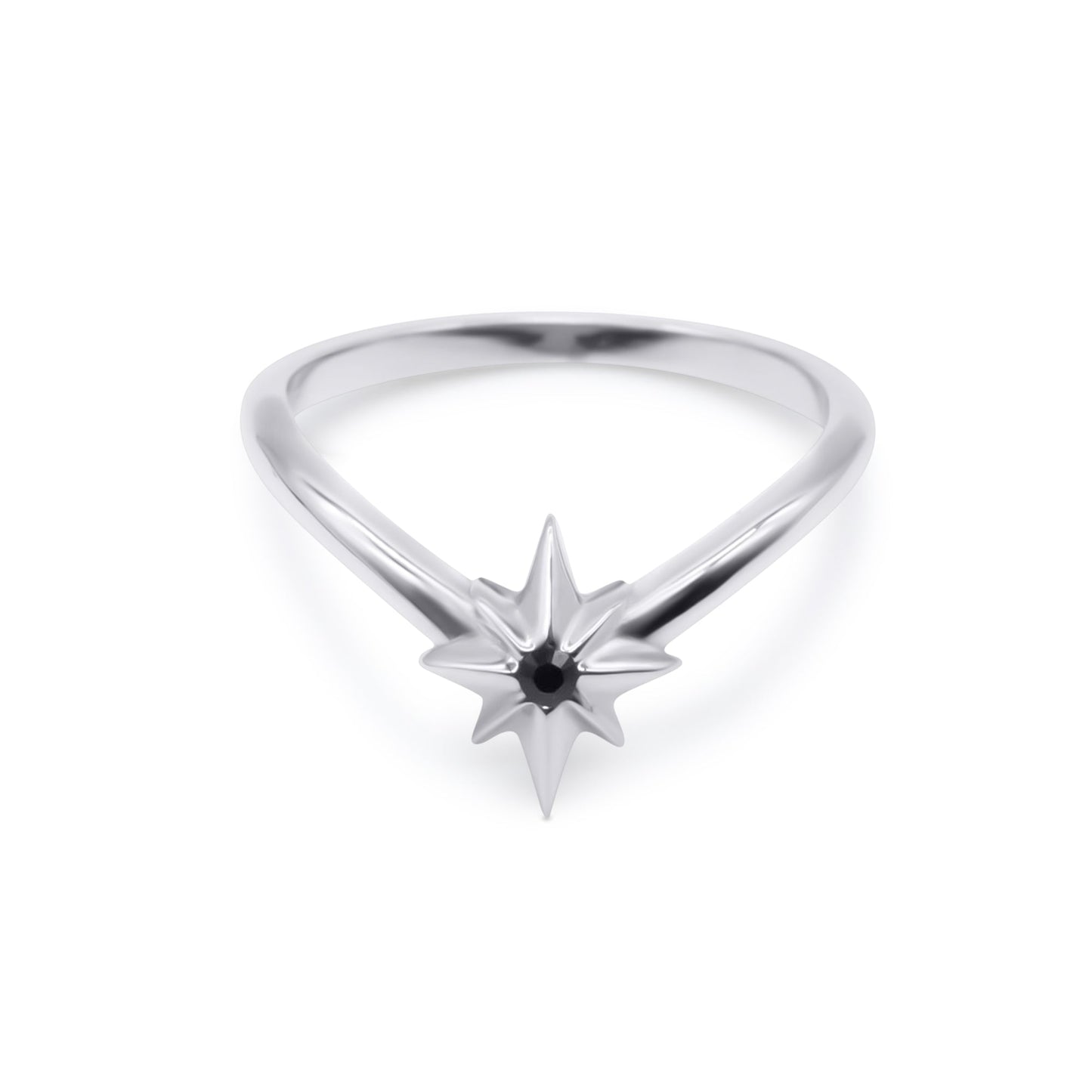 Silver ring with star-shaped design on a white background