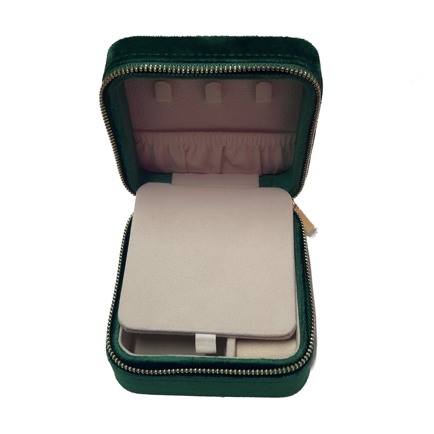 Green jewelry case with compartments on a white background