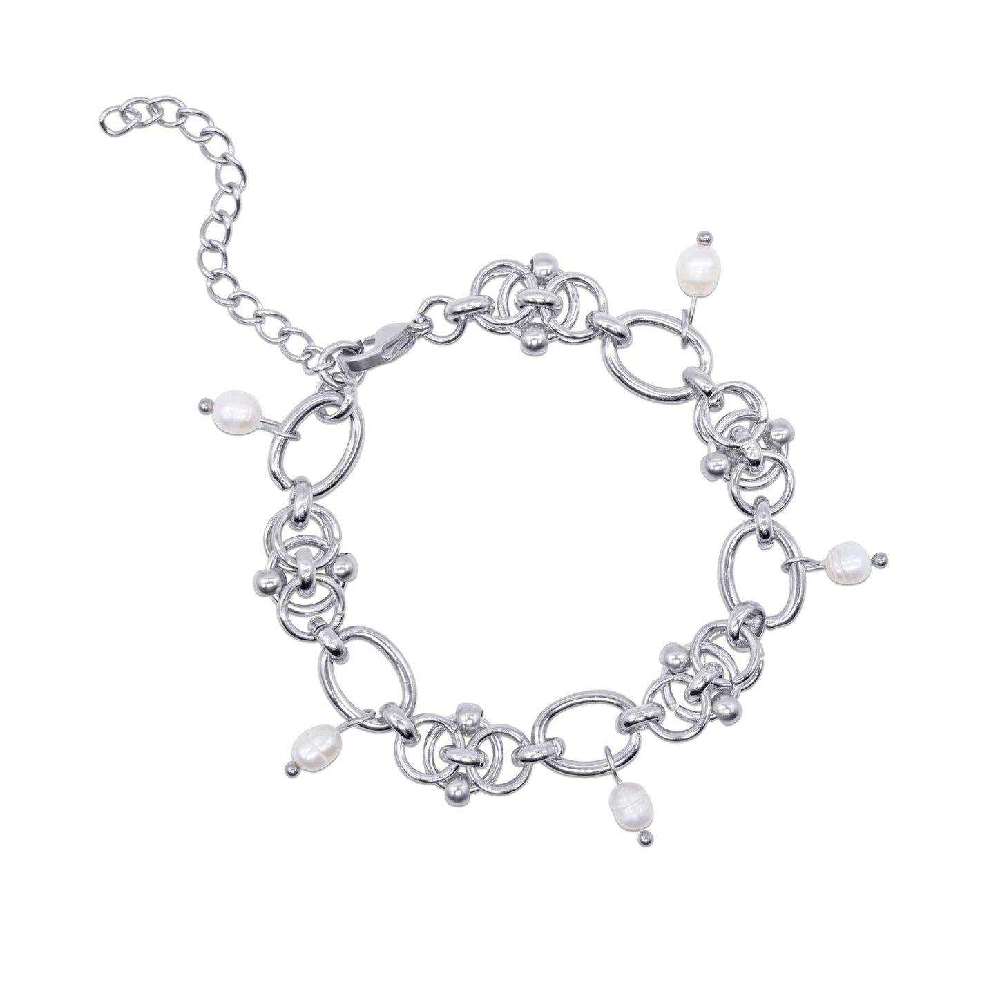 Stainless steel bracelet with pearl charms on a white background