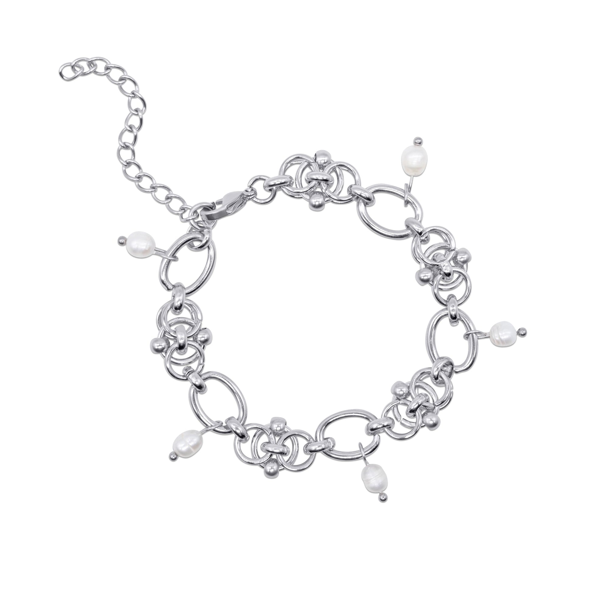 Stainless steel bracelet with pearl charms on a white background