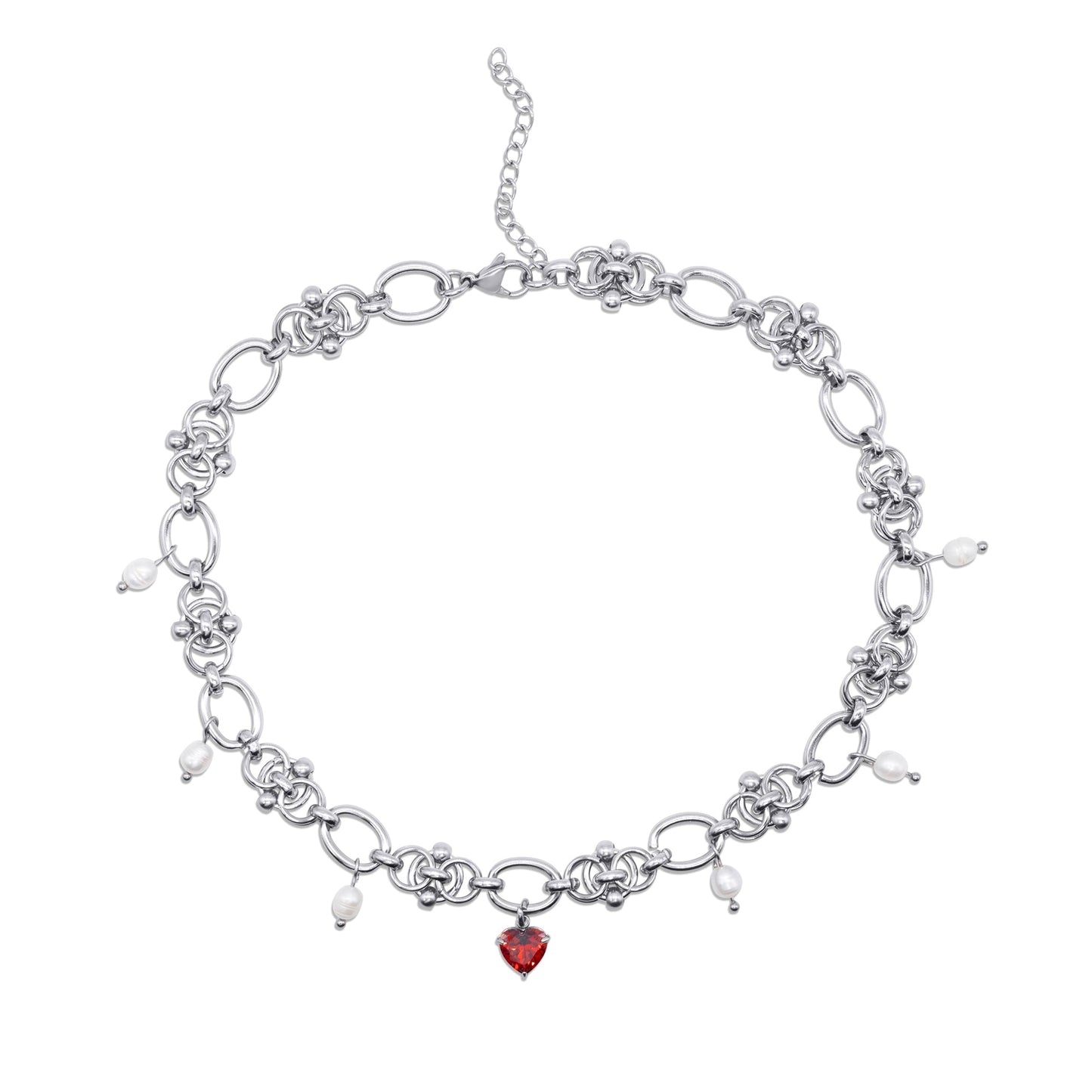 Stainless steel necklace with a red heart charm on a white background