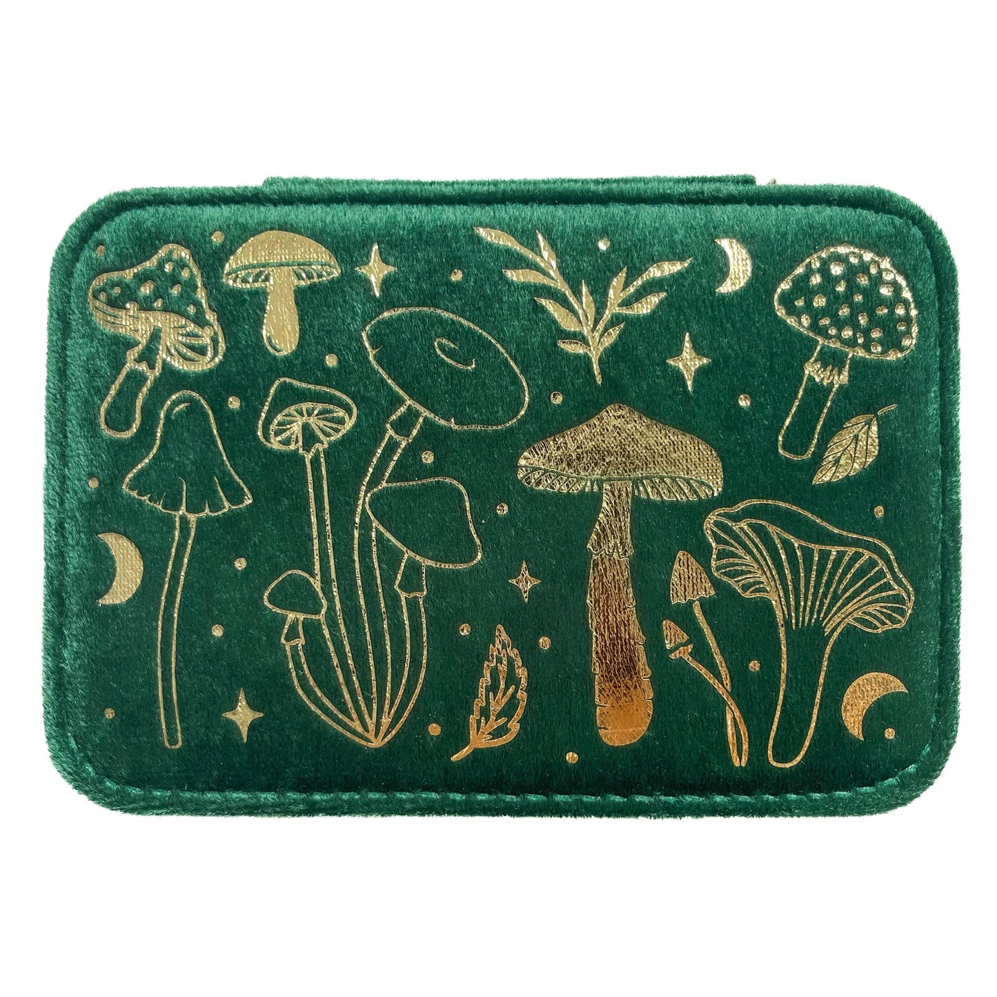 Green box with gold mushroom illustrations on a white background
