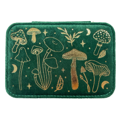 Green box with gold mushroom illustrations on a white background