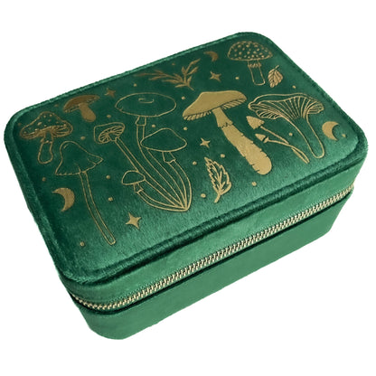 Green jewelry box with gold mushroom illustrations on a white background