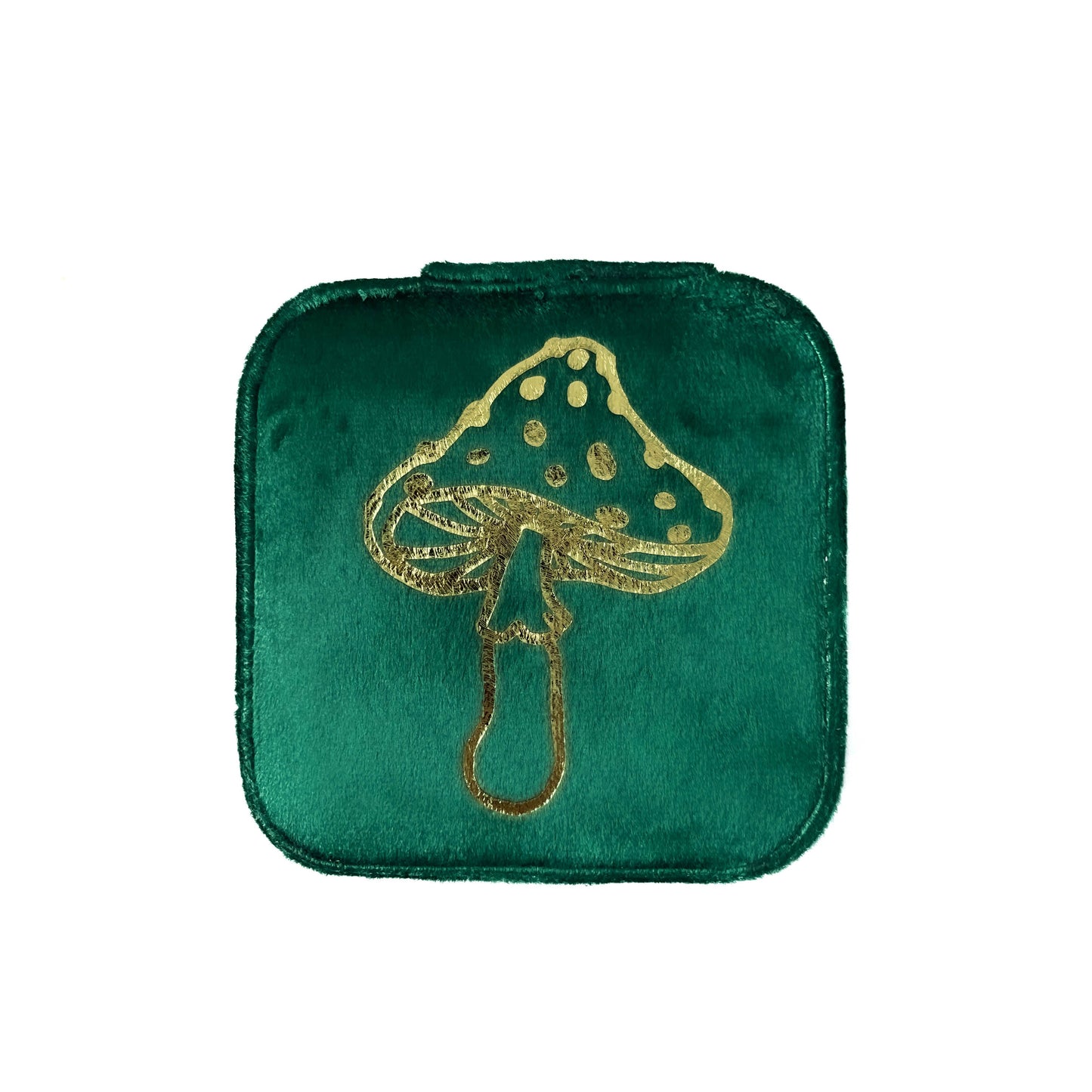 Green square box with gold mushroom design on a white background