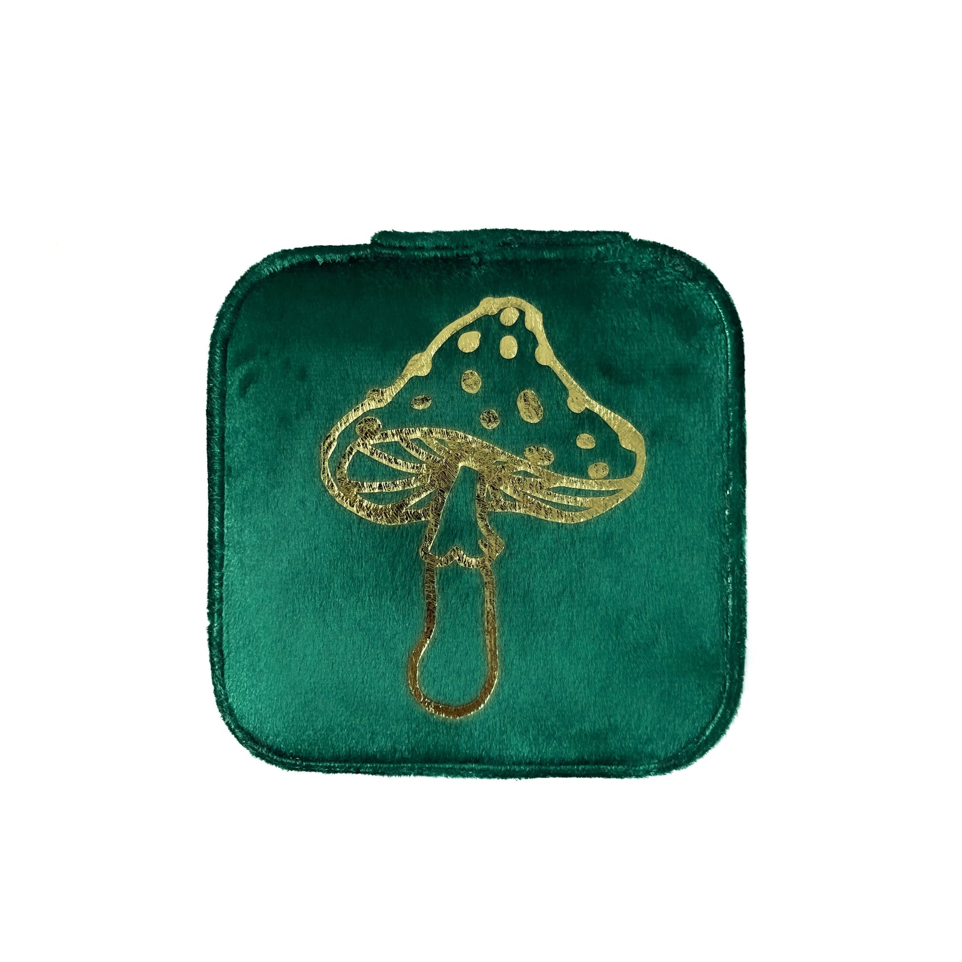 Green square box with gold mushroom design on a white background