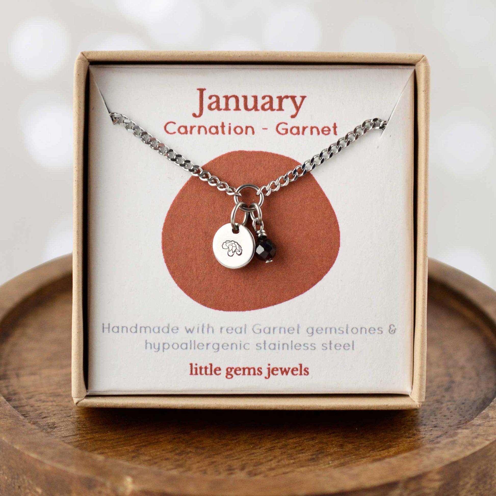 January Carnation Birthflower & Garnet gemstone dainty charm necklace in eco-friendly gift box