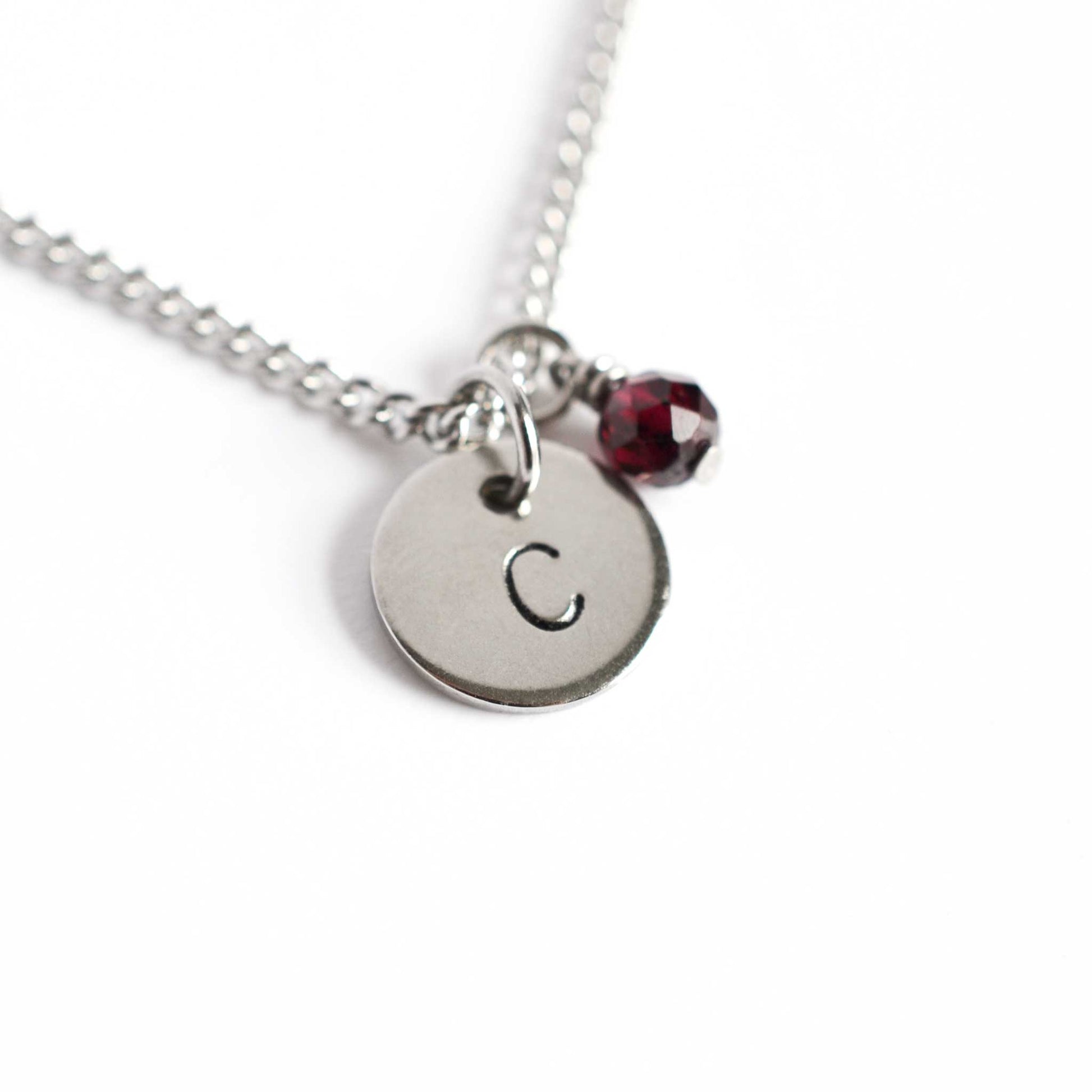 Letter C initial pendant with Garnet January birthstone charm