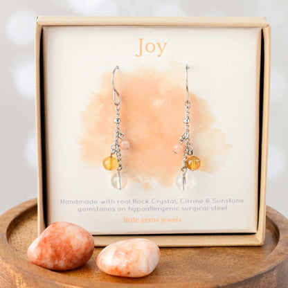 Yellow gemstone drop earrings on meaning card for Joy inside an eco friendly gift box