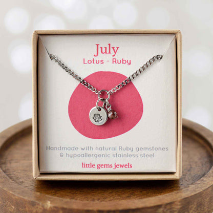 July Lotus Birthflower & Ruby gemstone dainty charm necklace in eco-friendly gift box