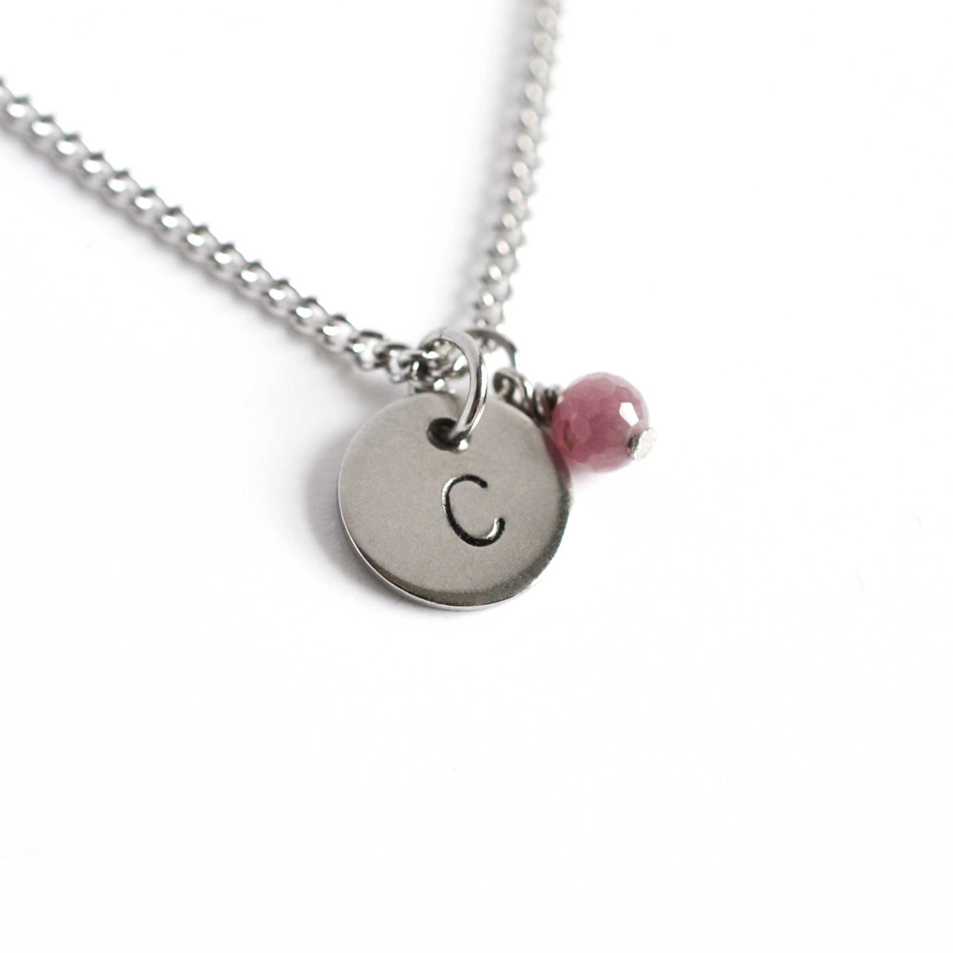 Letter C initial pendant necklace with Ruby July birthstone charm