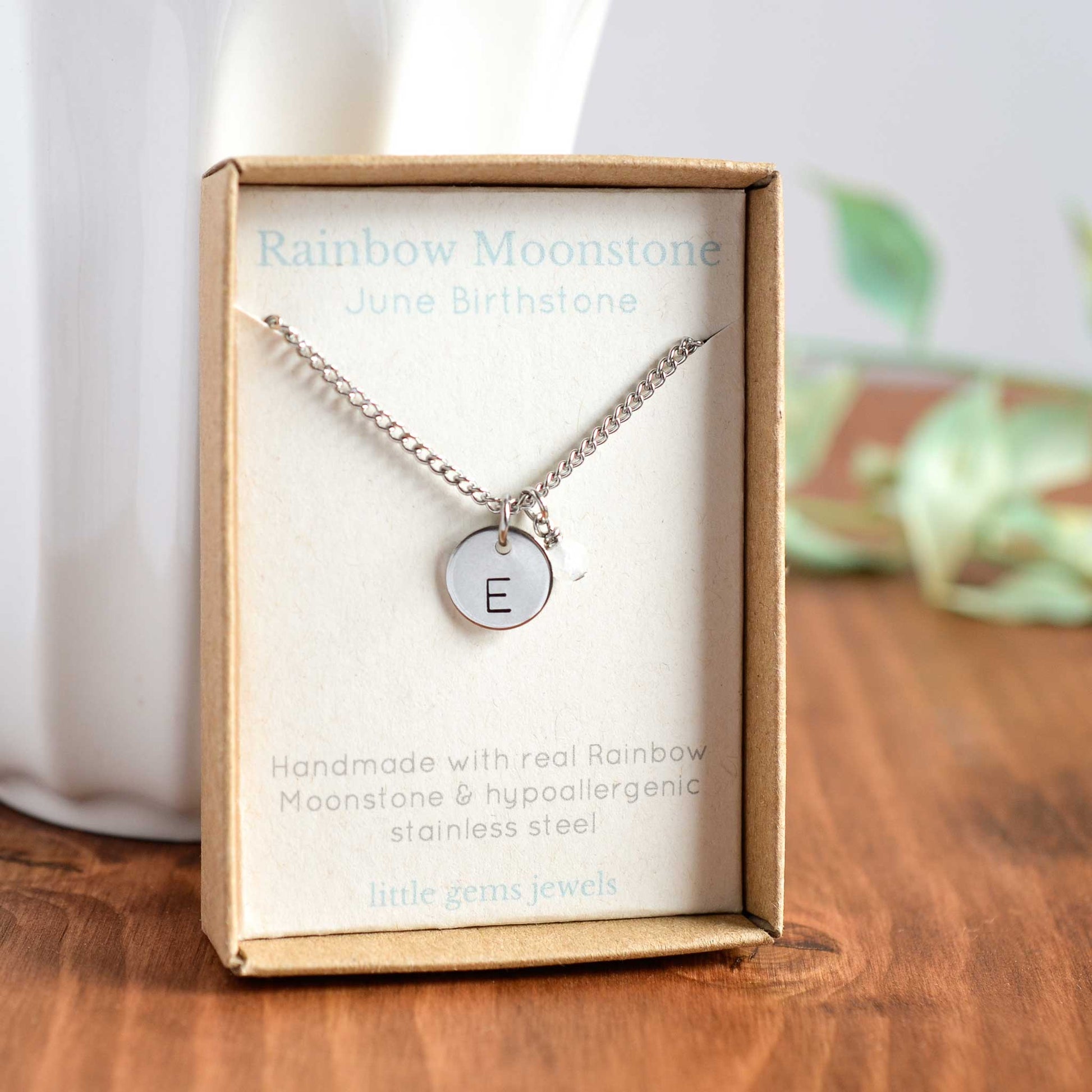 Moonstone June birthstone and initial pendant necklace in gift box