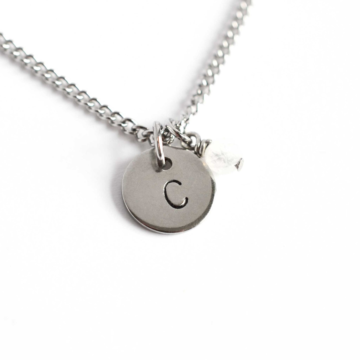 Letter C initial pendant necklace with Moonstone June birthstone charm