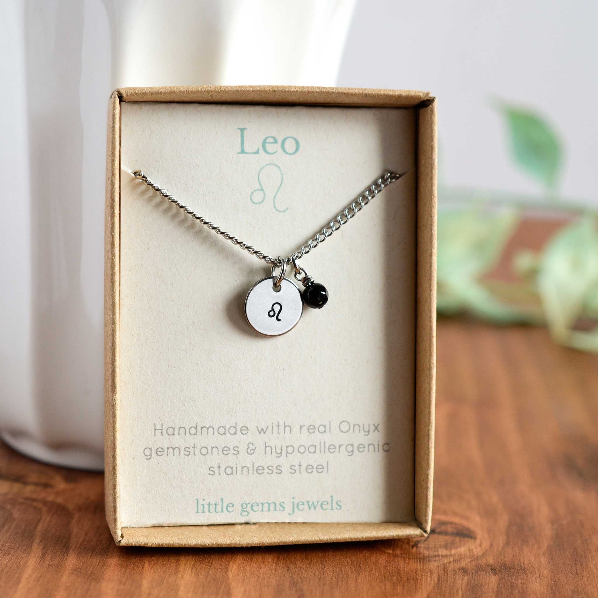 Leo zodiac sign and stone necklace in eco-friendly gift box