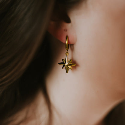 Close-up of a person wearing a gold earring with a star-shaped pendant.