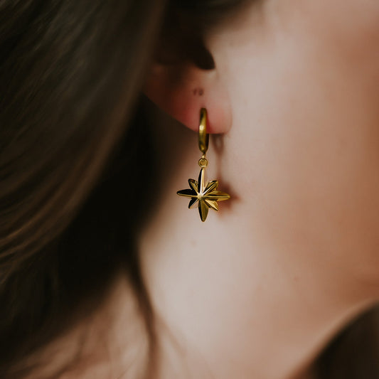Close-up of a person wearing a gold earring with a star-shaped pendant.