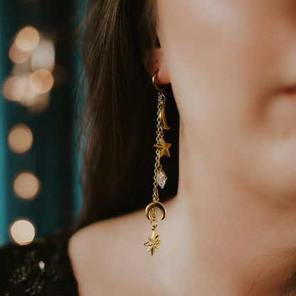 Close-up of a person wearing gold earrings with star and moon charms against a blurred background.