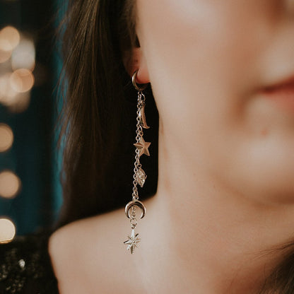 Close-up of a person wearing a dangling earring with star and moon designs.