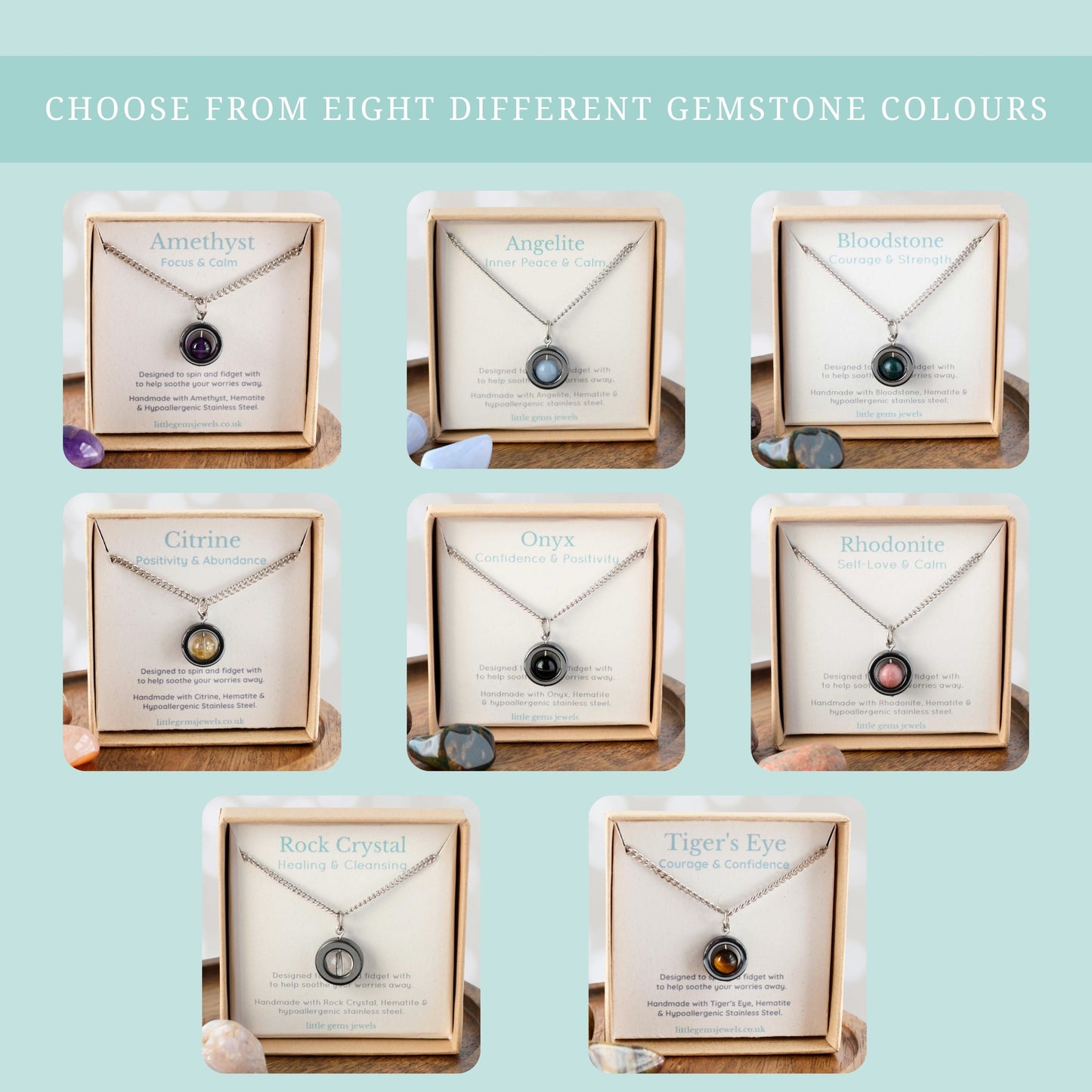 Choose from eight different gemstone colours graphic showing all eight gemstone spinner necklaces in their gift boxes.