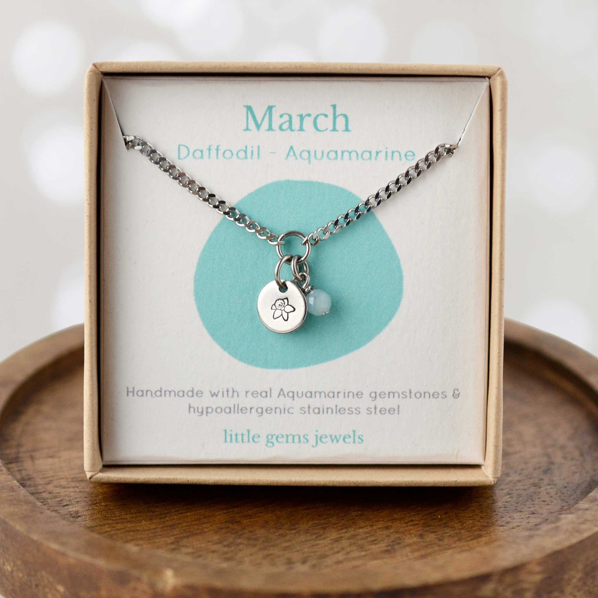 March Daffodil Birthflower & Aquamarine gemstone dainty charm necklace in eco-friendly gift box