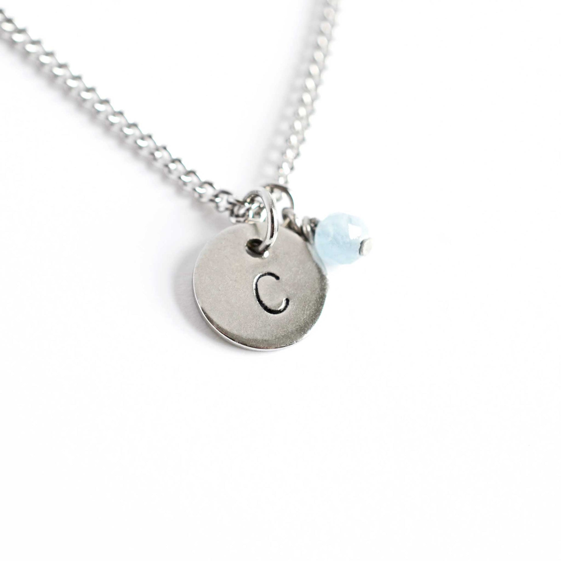 Initial C letter pendant necklace with Aquamarine March birthstone charm