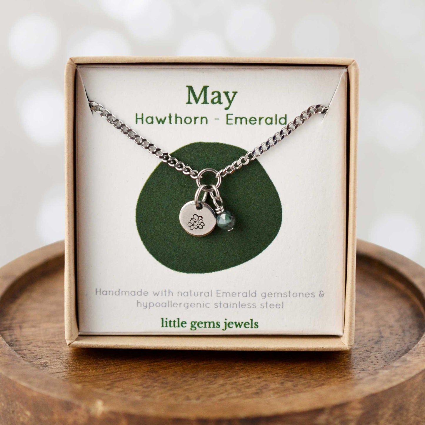 May Hawthorn Birthflower & Emerald gemstone dainty charm necklace in eco-friendly gift box