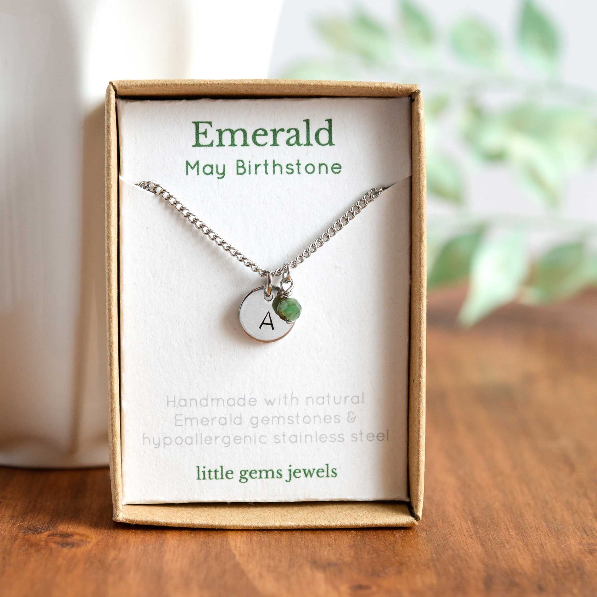 Emerald May birthstone and initial pendant necklace in gift box