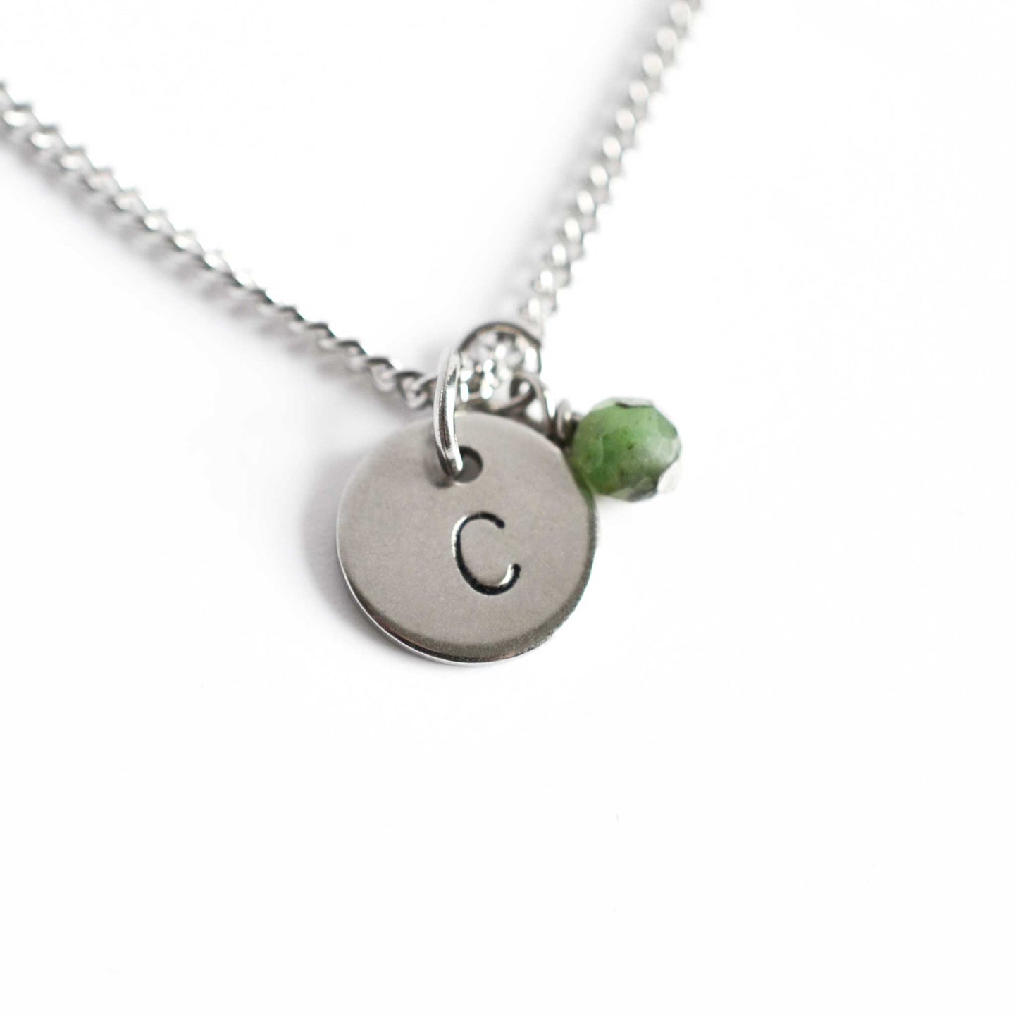 Letter C initial pendant necklace with Emerald May birthstone charm