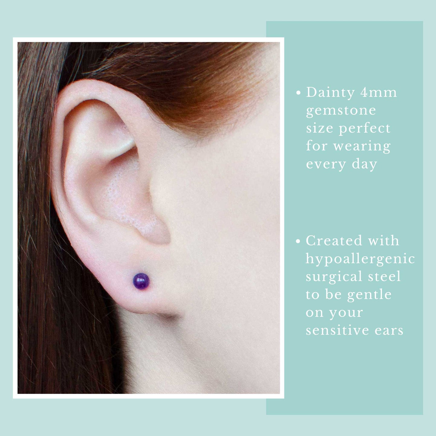 Model wearing tiny purple stud earring in earlobe.